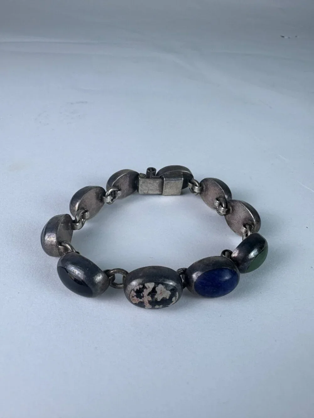 Vintage Taxco Mexico 925 Sterling Silver Multi-Stone Link Bracelet | Lapis